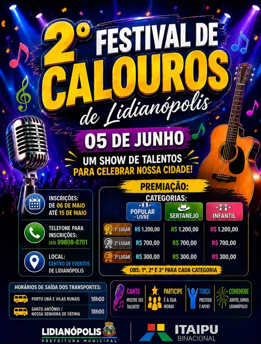 2º Festival de Calouros de Lidianópolis acontece em 5 de junho
