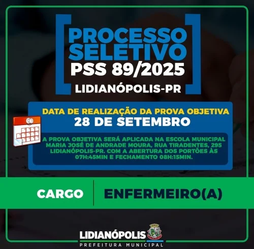 Prova objetiva dia 28 de setembro -  PSS N° 89/2025 - ENFERMEIRO(A)