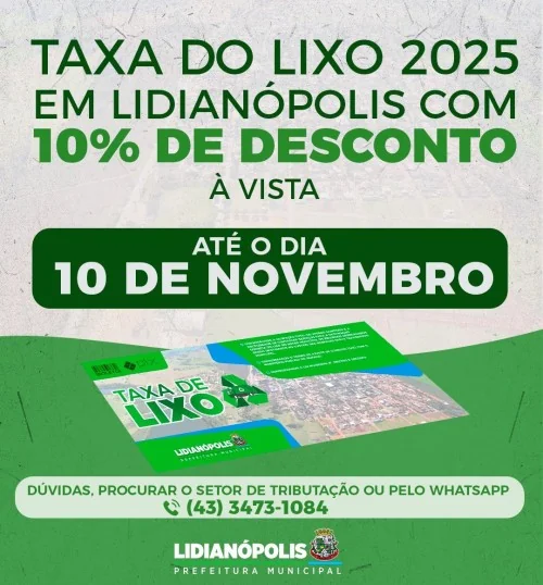 ATENÇÃO, LIDIANÓPOLIS - Taxa de Lixo 2025!