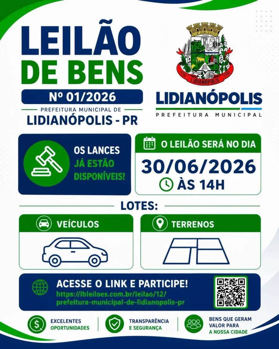 Leilão de Bens do Município de Lidianópolis - Edital nº 01/2026