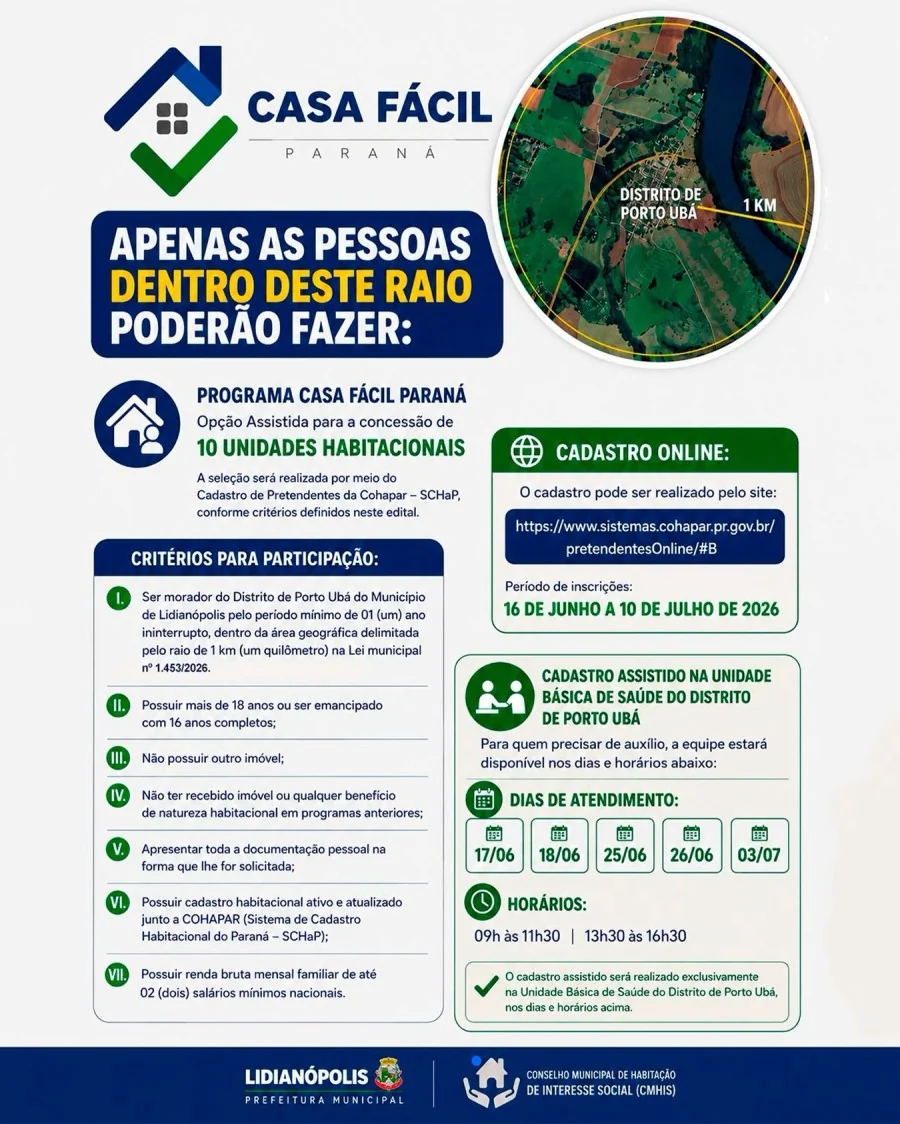 Programa Casa Fácil Paraná abre inscrições para 10 unidades habitacionais no Distrito de Porto Ubá