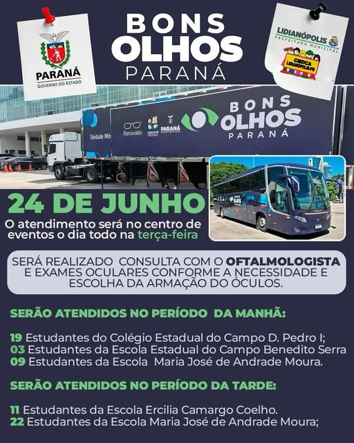 Bons Olhos - atendimento será realizado no Centro de Eventos durante todo o dia, na terça-feira (24/06)